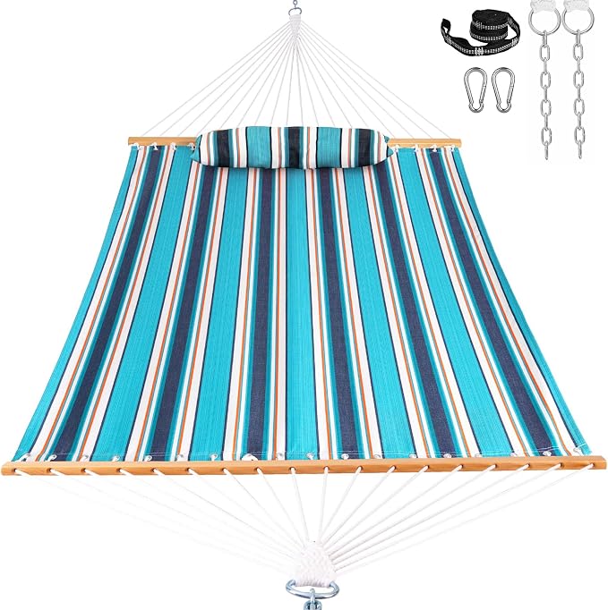 Lazy Daze Hammocks 12 FT Sunbrella Fabric Hammock Non-Fading with Spreader Bars and Free Pillow Fits for 2 Persons, All Weather and Fade Resistant for Patio Yard, 450 lbs Capacity, Token Surfside