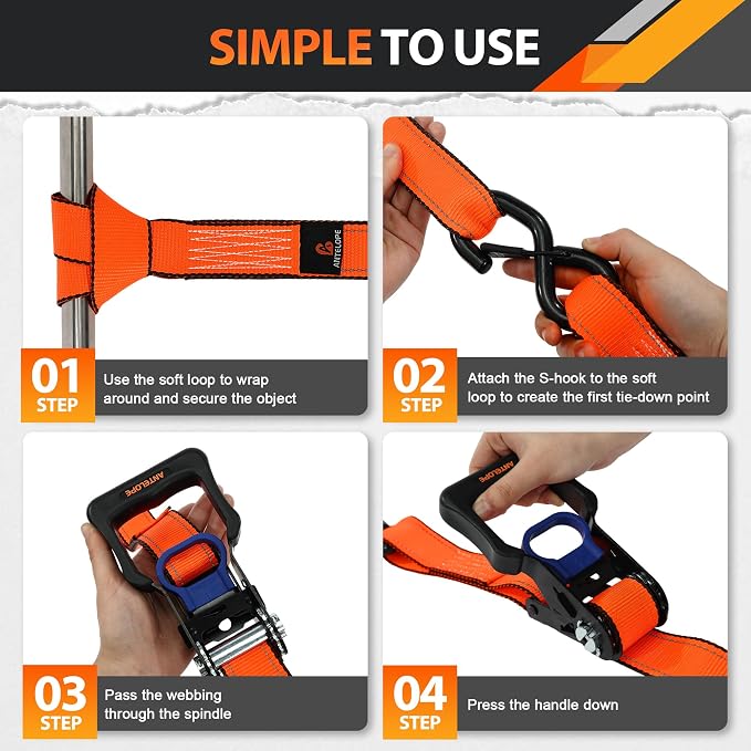 Ratchet Tie Down Straps Set, 5250 LBS Breaking Strength, 4 Pack 1.5" x 15' Heavy Duty Ratchet Straps, Cargo Strap, Motorcycle Straps for Trucks, Bicycle, Kayak, Moving, Tie Downs with S Hooks, Orange