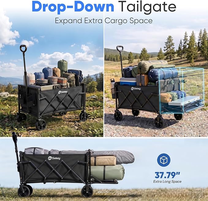 Sekey Collapsible Wagon Cart with Drop-Down Tailgate, 300 lb Capacity
