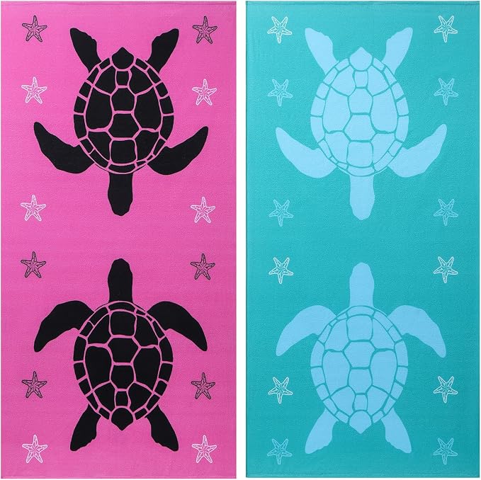Jessy Home Microfiber 4 Pack Beach Towel Set, 40x70in Oversized Beach Towel, Quick-Dry Sand-Free Highly Absorbent Swim Towel, Soft Pool Towel, Marine Mixed Prints of Starfish & Sea Turtle for Vacation