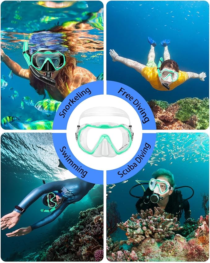 Snorkeling Gear for Adults, Adult Snorkel Set with Panoramic Anti-Leak and Anti-Fog Tempered Glass Snorkel Mask, Dry Top Snorkel, Snorkle Mask Set Adult with Mesh Bag Ear Plug for Snorkeling