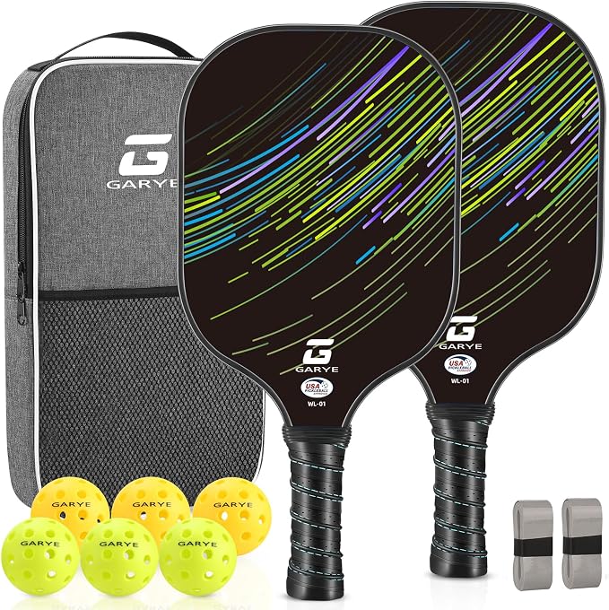 GARYE Pickleball Paddles Set of 2 or 4, USAPA Approved Carbon Fiber Pickleball Set, Lightweight Pickle Ball Rackets 2 Pack with 6 Balls, 1 Bag, Pair of Grip Tapes, Pickle Ball Paddle for Men and Women