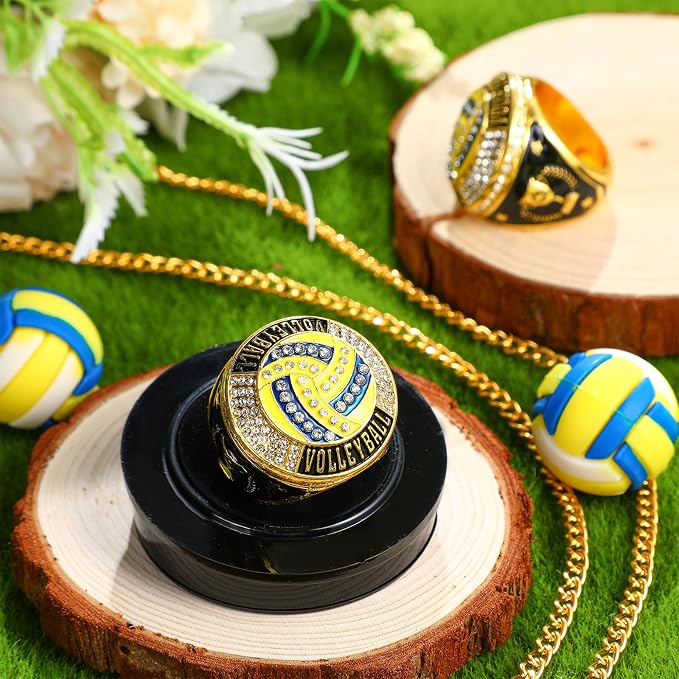 Highergo 10 Pcs Basketball Softball Baseball MVP Dancer Champion Trophy Ring with Display Stand Star Football Soccer Volleyball Golf Cheerleading Bowling Track Field