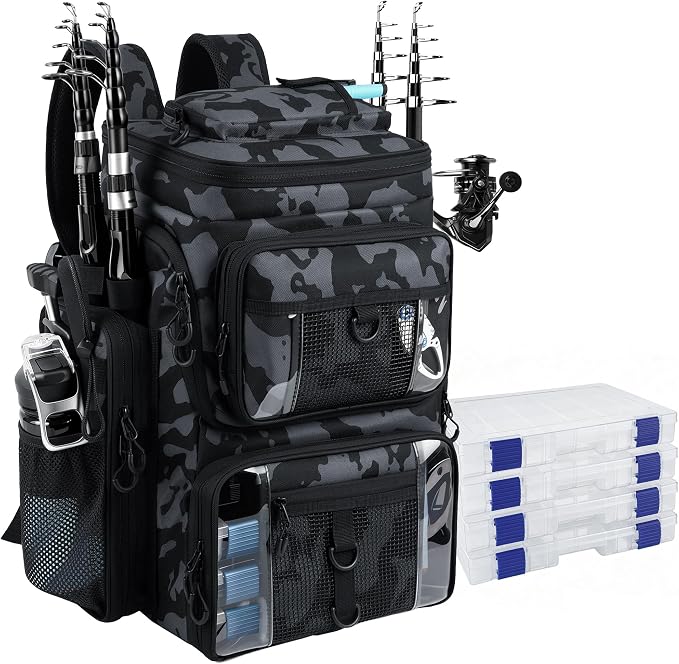 Fishing Backpack with 4 Tackle Boxes, 55L Large Tackle Box Backpack with 4 Rod Holders, Waterproof 900D Tackle Backpacks with Cooler & Clear Gear Windows, Fishing Gifts for Men Women,Camouflage Black