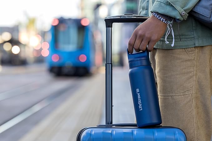 LifeStraw Go Series — Insulated Stainless Steel Water Filter Bottle for Travel and Everyday Use Removes Bacteria, Parasites and Microplastics, Improves Taste, 24 oz, Aegan Sea