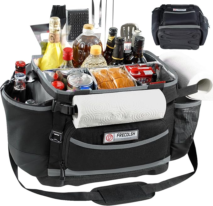 Large BBQ Organizer with Molded Hard Base, Compatible with Blackstone Outdoor Utensil Bag for Camping, Picnic & Tailgating, Portable Cooking Accessories Tote, Gift for Men