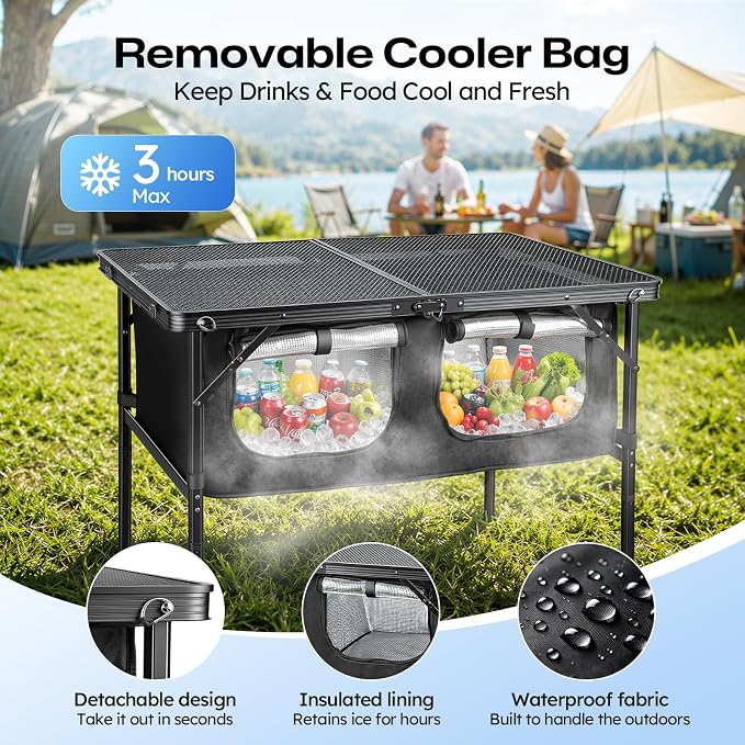 Camping Table with Storage, Folding Camp Kitchen Table with Insulated Cooler Bag, 35.4" x 23.6" Height Adjustable Lightweight Aluminum Outdoor Table for BBQ, Picnic, RV, Tailgating