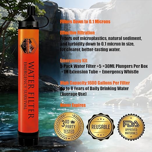 5-Pack Personal Water Filter Straw with Emergency Whistle, Portable Reusable Survival Filter for Family Camping, Hiking, Backpacking & Emergency Preparedness