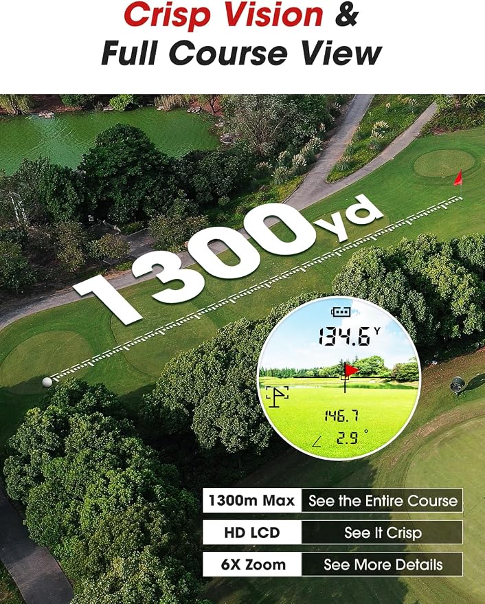 Golf Rangefinder with Slope & Magnet，1300 Yards Range Finder for Golf，Flag Locking Vibration，6-6.5X Magnification & HD LCD，Rechargeable Golf Range Finder，Black