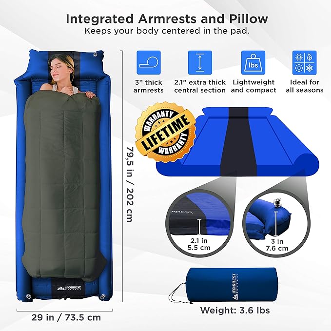 IFORREST Camping Pad with Armrest & Pillow - Self-Inflating Air Mattress, Rollover Protection, Ultra-Comfortable Mat, Lightweight for Tent, Cot, Backpacking(L/XL)
