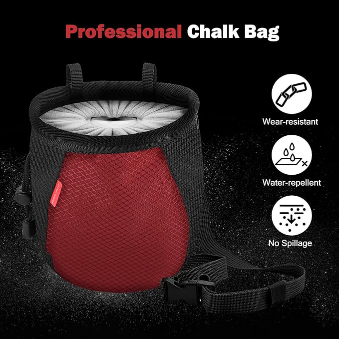 Rhino Valley Climbing Chalk Bag, No Leak Drawstring Chalk Bag with Adjustable Belt, Carabiner Clip and Zippered Pockets Chalk Bag for Rock Climbing, Cross Fit, Weight Lifting & More