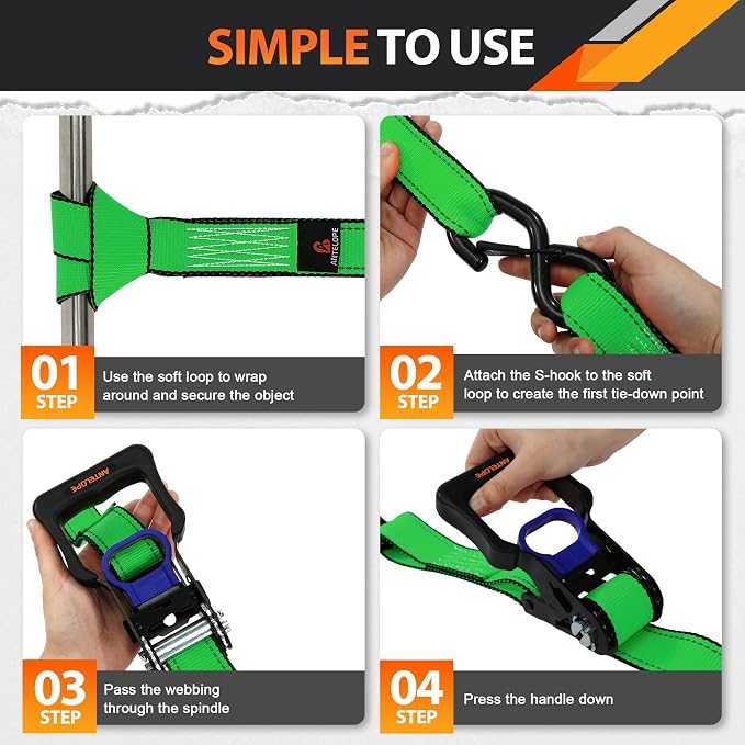 Ratchet Tie Down Straps Set, 5250 LBS Breaking Strength, 4 Pack 1.5" x 15' Heavy Duty Ratchet Straps, Cargo Strap, Motorcycle Straps for Trucks, Bicycle, Kayak, Moving, Tie Downs with S Hooks, Green