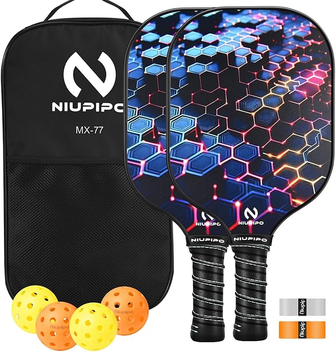 niupipo Pickleball Paddles Set of 2 or 4, USAPA Approved Fiberglass Pickleball Paddle Set with Balls and Bag, Polypropylene Honeycomb Core, Lightweight Pickleball Paddles for Beginners Men Women