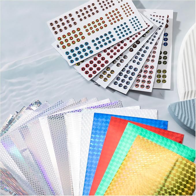 876 Pcs Fishing Lure Stickers & Eyes Kit, 3D/4D/5D Realistic Fishing Lure Eyes & 20 Pcs Holographic Adhesive Flash Tapes Sticker for Fly Tying Streamers Lures Crafts