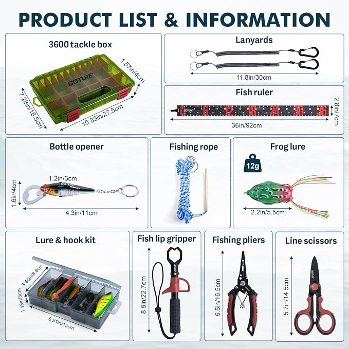 Goture Fishing Lures with Tackle Box and Fishing Tool Kit Set for Men Women, Include Fish plier, Braid Scissors, Fishing Gripper, Fish Ruler with Gift Box