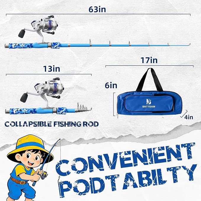 Portable Fishing Spinning Rod and Reel Combo Set Carbon Fiber Fluorescent Rod Tip, with Fishing Lures Line Carrier Bag Kits for Travel Surf Saltwater Freshwater