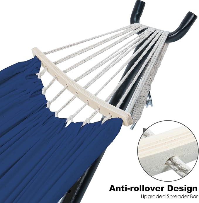 Gafete Double Hammock with Stand for Outside, Upgraded Spreader Bar, Heavy Duty Space Saving Steel Stand 2 Person, Side Pockets, Easy Assembly, 600lbs Weight Capacity, Indoor & Outdoor (Navy Blue)