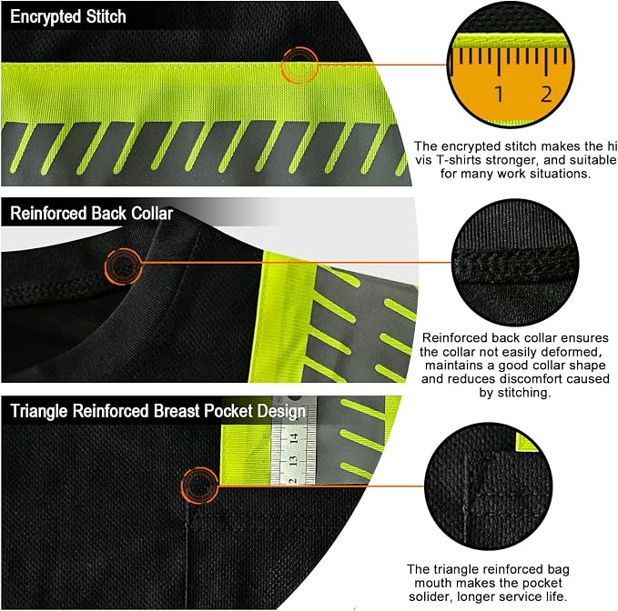 TCCFCCT Hi Vis Shirts for Men Class 3 High Visibility Shirts with Short Sleeves, Reflective Safety Shirts for Men Women, Construction Work Shirts with Green Extend Edge, Durable to Use, DT-Black 4XL