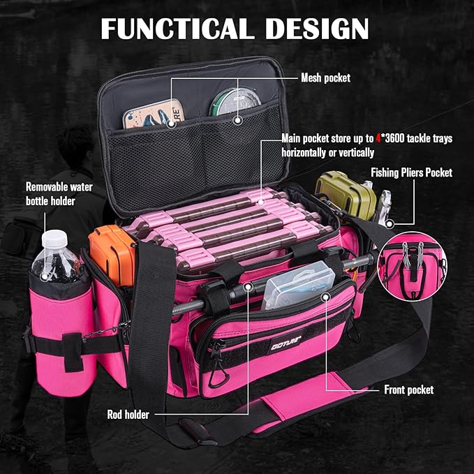 Goture Fishing Tackle Bag with 4 Tackle Boxes, Soft Side 600D Water-Resistant Cross Body Sling Fishing Bag with Rod Holder, Small Saltwater Gear Storage Tactical Bags, Gifts for Men/Women