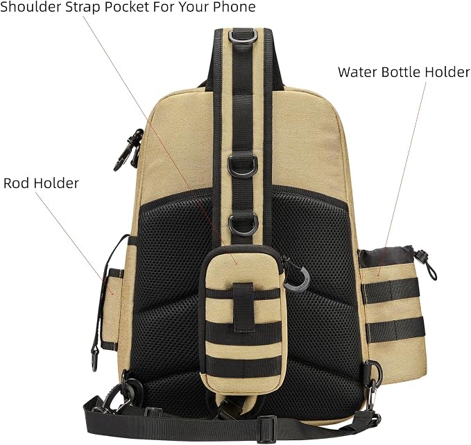 22L Wading Fishing Tackle Sling Bag, Holds 3x 3700 Boxes, Tan | Hands Free Lure Casting, Large Crossbody Shoulder Backpack with Rod Holder, Water Bottle Holder, 12 Heavy Duty D Rings