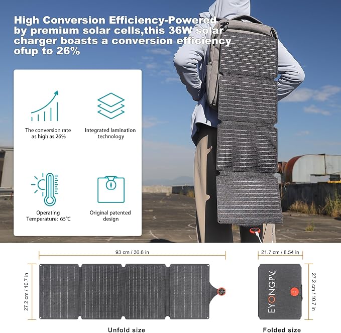 EYONGPV 36W Portable Foldable Solar Panel with Croc-Eye USB-C PD Fast Charging Output, IP67 Waterproof Compact Solar Charger for Phones, Power Banks, Camping, Hiking, Backpacking