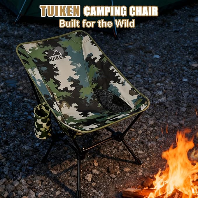 Ultralight Camping Chair Backpacking Chair, Portable Camp Chair with Cup Holder & Storage Bag, Lightweight Compact Folding Chair for Hiking, Travel, Picnic Mountaineering (Camo)
