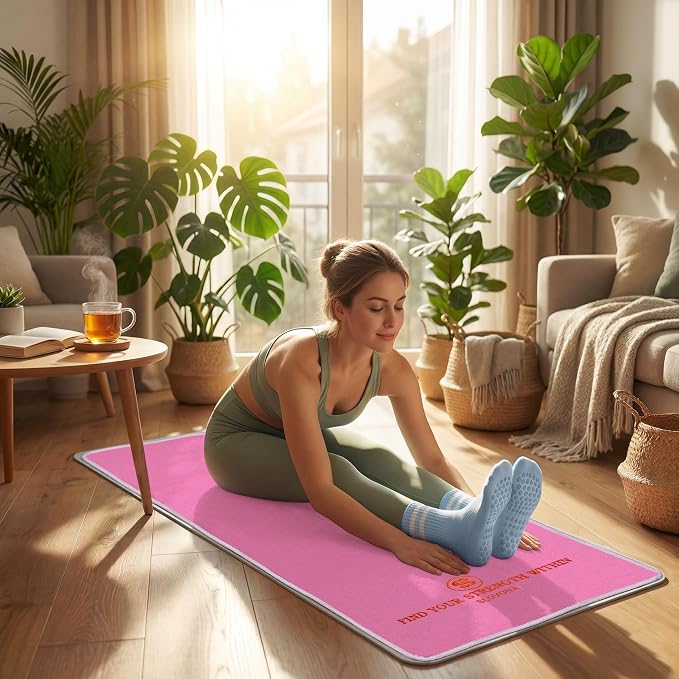 Upgraded Yoga Mat Towel with Bonus Grip Socks, Rose Pink | Elegant Embroidered, 1-Second Sweat Absorption & Non-Slip | Machine Washable Microfiber | Hot Yoga, Pilates | 73''*27.6''