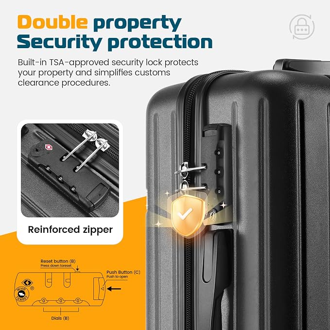 Hoteel Luggage Sets 5 Piece (4-YEARS WARRANTY), ABS+PC Suitcases with Wheels and Side Hook, Hardshell 20/24/28 inch Luggage with Duffel Bag Travel Bag, Black