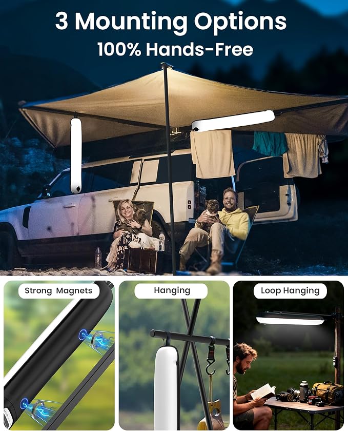 24" Inflatable Solar Camping Lantern,Magnetic LED Tube Light with USB-C 2000mAh Phone Charger,IP66 Waterproof TPU Tent Light for Hurricane Emergency,Backpacking & Off-Grid Survival (Black)