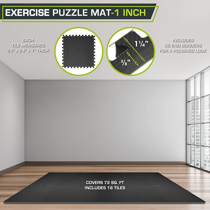 ProsourceFit Weaved Pattern Extra Thick Exercise Puzzle Mat 1-inch, EVA Foam Interlocking Tiles for Protective, Cushioned Flooring for Home and Gym Equipment; Black, 72 SQ FT, 18 Tiles