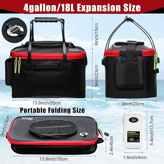 2 Pcs Fishing Bucket and Live Bait Aerator, Foldable Multi Functional Live Bucket Portable Quiet Aerator Outdoor Camping Fishing EVA Bag