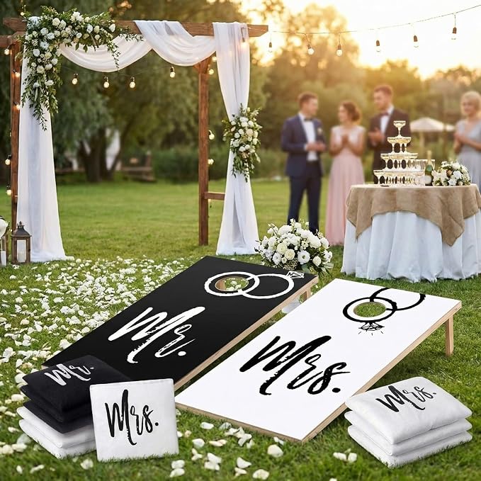 11 Pcs Wedding Cornhole Set for Reception, Mr & Mrs Cornhole Game with 8 Bean Bags & Board Wraps, Outdoor Lawn Toss Game for Wedding Party & Bridal Shower(Boards Not Included)