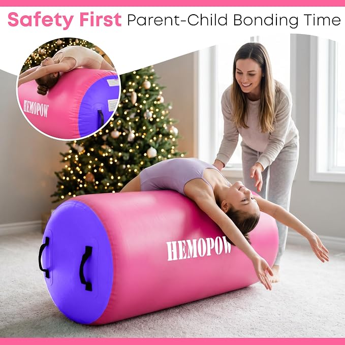 Inflatable Gymnastics Air Barrel Roller with Electric Pump, Heavy Duty PVC Tumbling Barrel Back Handspring Trainer, Air Tumble Track Mat for Home Gym, Cheerleading, Yoga Practice