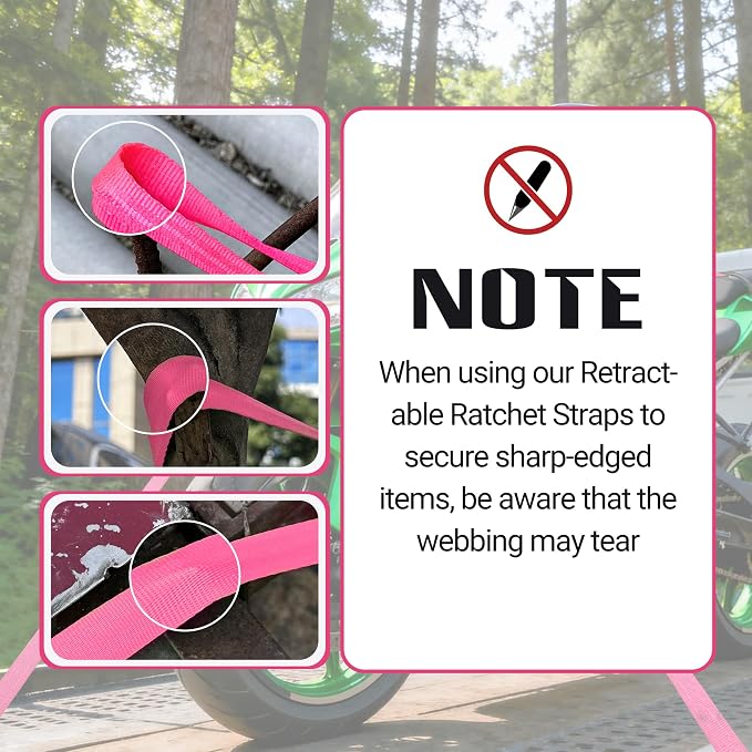 Retractable Ratchet Straps (2-Pack) - Heavy Duty Auto Slow Retraction Tie Down Straps - 1 Inch x 13 Feet (1,800lb Break Strength) for Truck, Cargo Trailer, Motorcycle, ATV, UTV - Pink