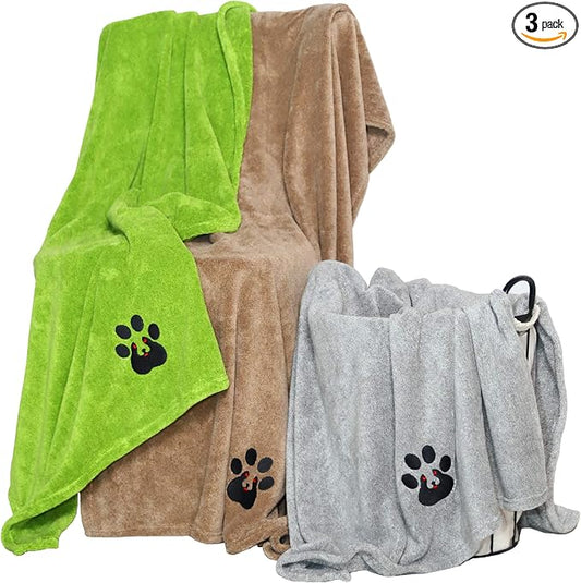 Dogvingpk Extra Large Dog Towel 3 Pack, Super Absorbent Soft Quick Drying Microfiber Pet Bath Towels for Large & Medium Dogs (XL-55" * 36", Green and Brown and Grey)