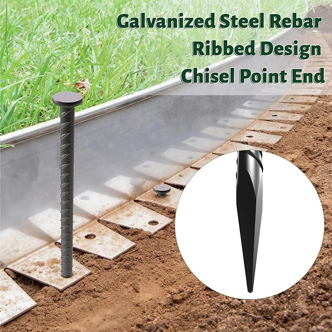 16 Inch Rebar Stakes - 1/2 Inch Diameter Galvanized Steel Ground Anchors | 10 Pack Heavy Duty Anchoring Spikes for Speed Bump, Parking Curb, Landscape Timbers and Camping Tent, Black Powder Coating