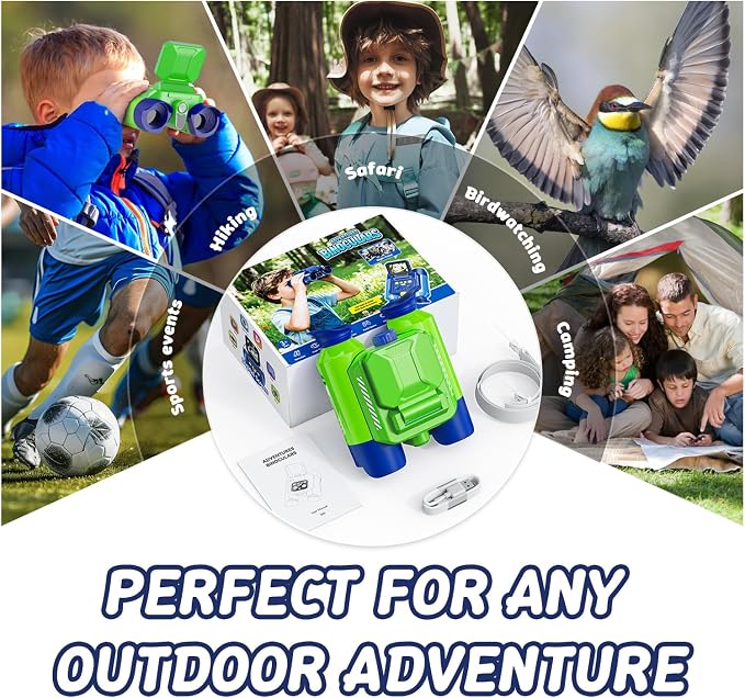 Binoculars for Kids with Night Vision, 2.4" HD Screen & 10X Zoom for Photo and Video - Outdoor Adventure Binoculars Bird Watching, Camping, Hiking, Gifts for Kids Ages 4+ (Green)