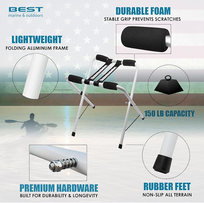 Best Marine and Outdoors Folding Kayak Stands – 21" Tall, No Assembly, Heavy Duty Aluminum, Portable Kayak Storage Rack for Canoe, SUP & Paddle Board – 150 lb Capacity, Lightweight & Foldable
