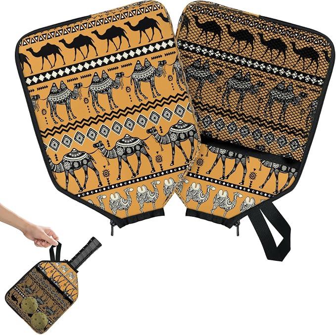 Vintage Camel Hand Painting Pickleball Paddle Cover Racket Sleeve Bag with Handle Strap Mesh Pocket 12.4 × 9.45 Inch Universal Fit for USAPA Standard Paddles for Outdoor Travel 2 PCS