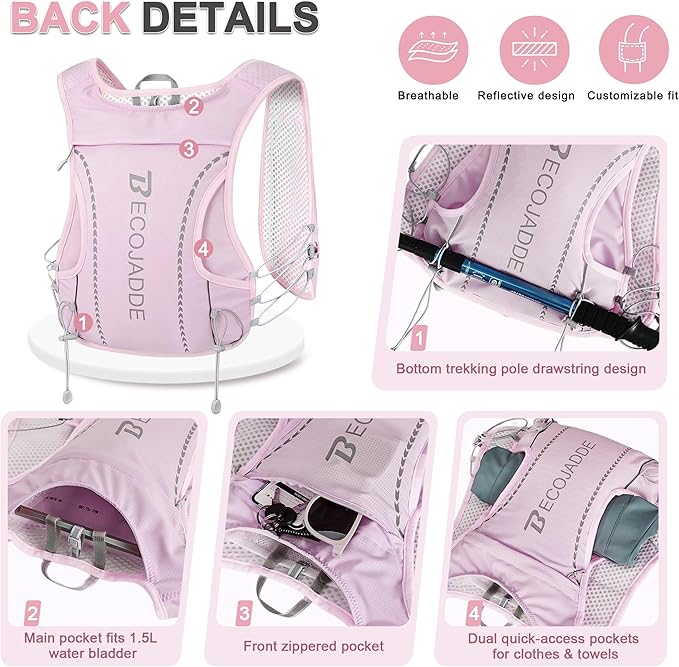BECOJADDE 5L Running Vest for Women, Hydration Backpack Lightweight & Breathable for Trail Running, Marathon, Hiking, Cycling