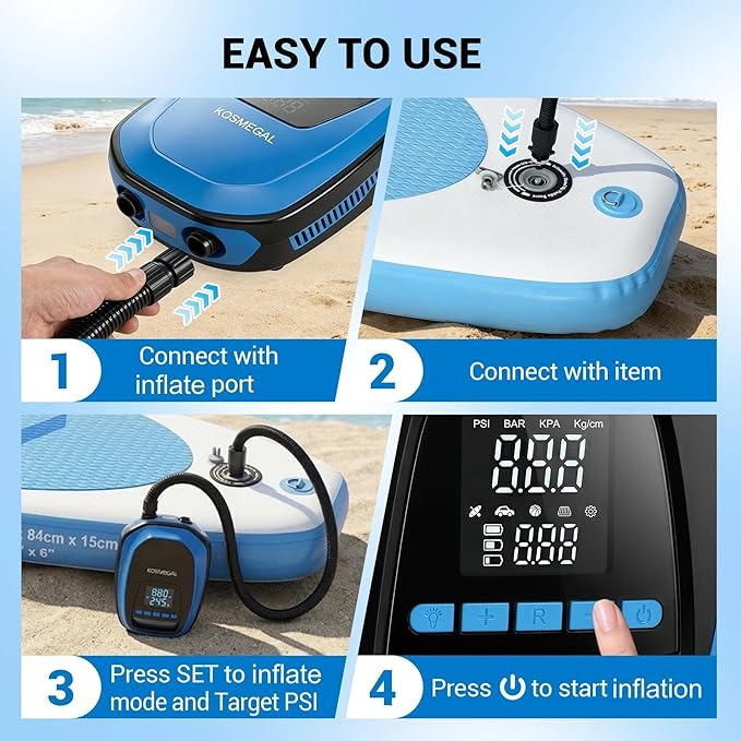 kosmegal Paddle Board Pump Electric Portable, SUP Pump for Paddleboard, 20PSI Air Compressor with Auto-Off, Deflation Function for Inflatables, Kayaks and Boats