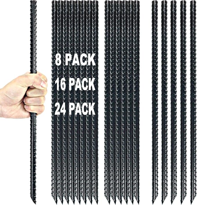 16 Inch Ground Rebar Stakes Heavy Duty Steel Ground Anchors | Straight Metal Stakes with Chisel Point end for Outdoor, Black Powder Coated