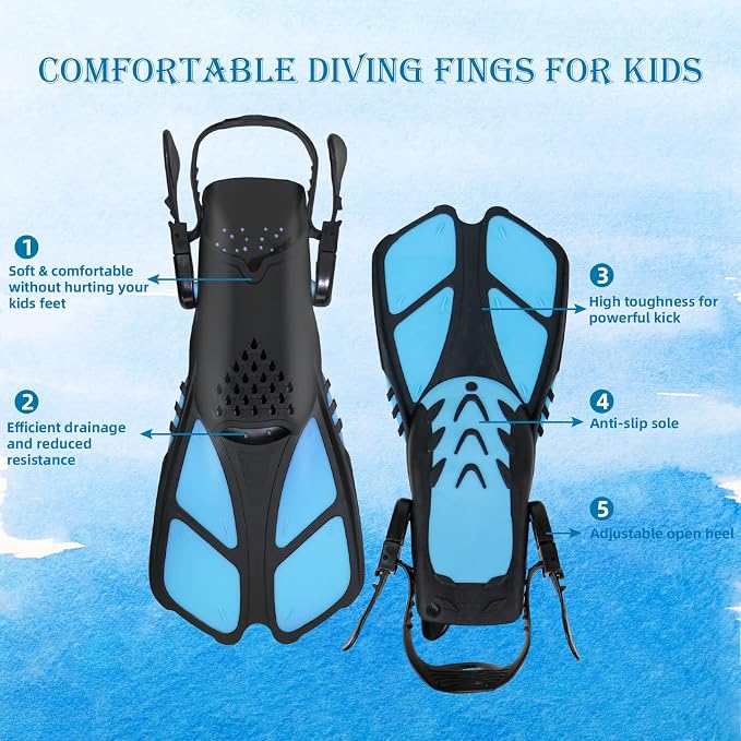 Kids Snorkeling Set - Adjustable Flippers + Panoramic Snorkel Mask + Dry Snorkel Tube + Travel Bags - Suitable for Kids & Juniors, Age 5-14