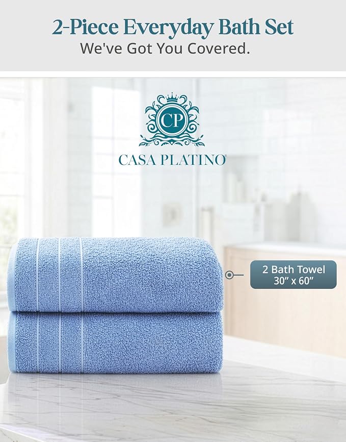Casa Platino 100% Cotton 2 Pack Bath Towels (30"x60") - Ring Spun Mercerized Cotton Bathroom Towels Set - Quick Dry, Soft & Absorbent Large Bath Towels - Machine Wash in Cold Water - Cerulean Blue