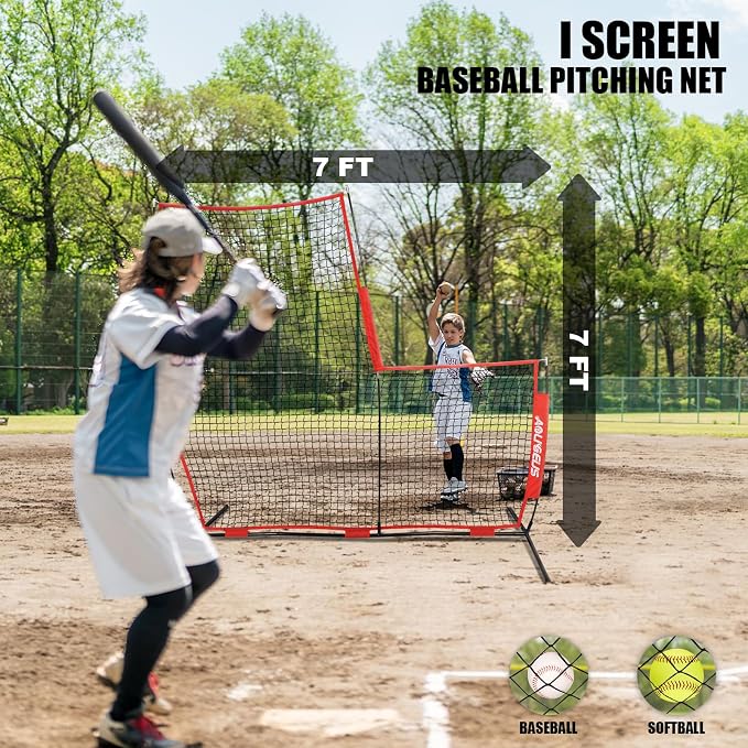 Baseball & Softball Portable Practice Batting Screen, 7-FT I-Screen or L-Screen Pitching Net for Pitcher Protection with Carry Bag and Ground Stakes