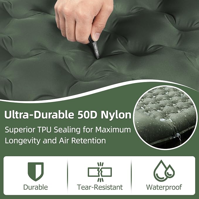 Camping Sleeping Pad, 5.1" Extra-Thick Camping Mattress with Pillow, Built-in Foot Pump Ultralight Inflatable Sleeping Pads for Camping Hiking Backpacking Traveling Tent, Military Green, 2 Person