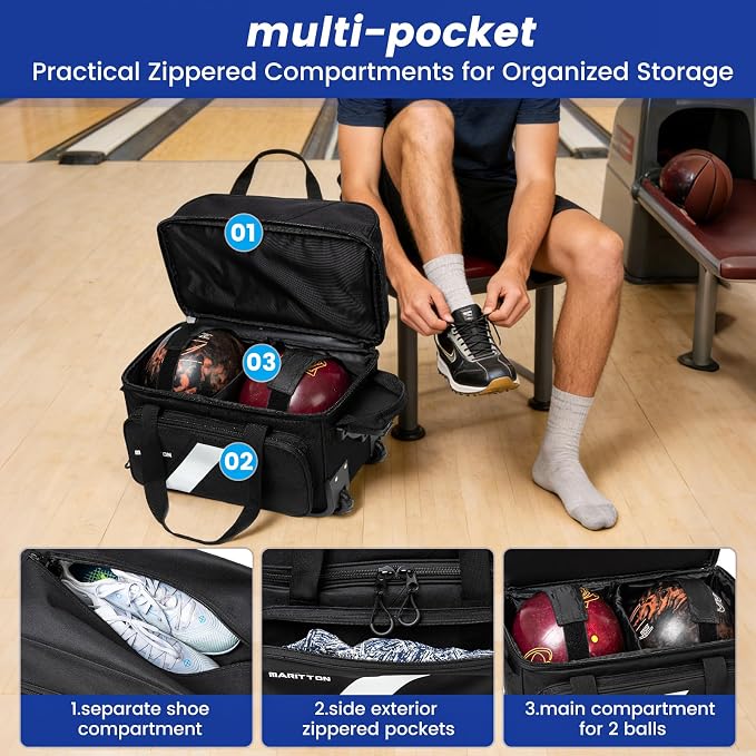 3 Ball Bowling Bags with Wheels, 2 Ball Bowling Bags Double roller with Single Ball Tote, Multi-Pockets & Shoe Compartment (Fits Up to Size 15).