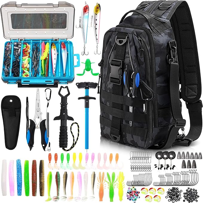 Soulchen 255 Pcs Fishing Backpack with Tackle Boxes and Gears Tackle Sling Bag Backpack with Fishing Hooks, Lures, Pliers, Lip Gripper, Hook Remover, Fish Gifts for Men