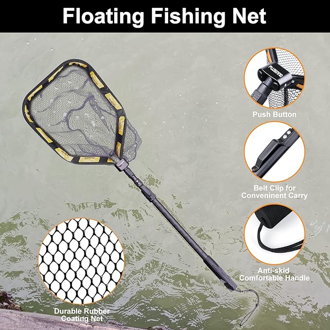 PLUSINNO Floating Fishing Net for Steelhead, Salmon, Fly, Kayak, Catfish, Bass, Trout Fishing, Rubber Coated Foldable Landing Net with Fixed or Telescoping Pole Handle, Fishing Gear and Gifts for Men