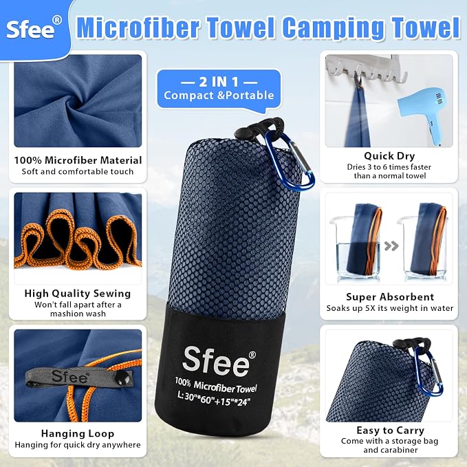 Sfee 4 Pack(8Pcs) Microfiber Travel Towel, Quick Dry Towel Camping Towel Super Absorbent Compact Lightweight Sports Towel Swim Gym Beach Towels Set for Gym, Hiking, Pool, Backpacking, Bath, Yoga